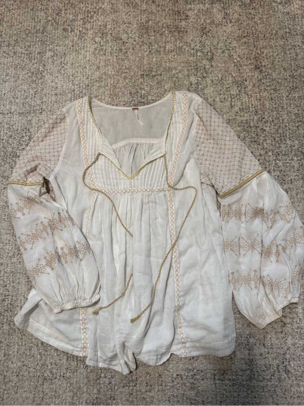 Free People Cream and Tan Embroidered Peasant Tunic